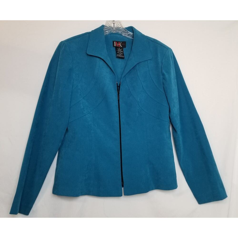 VTG-R&K Originals Blue Faux Suede Zip up Jacket Pointed Collar Long Sleeve Sz 10